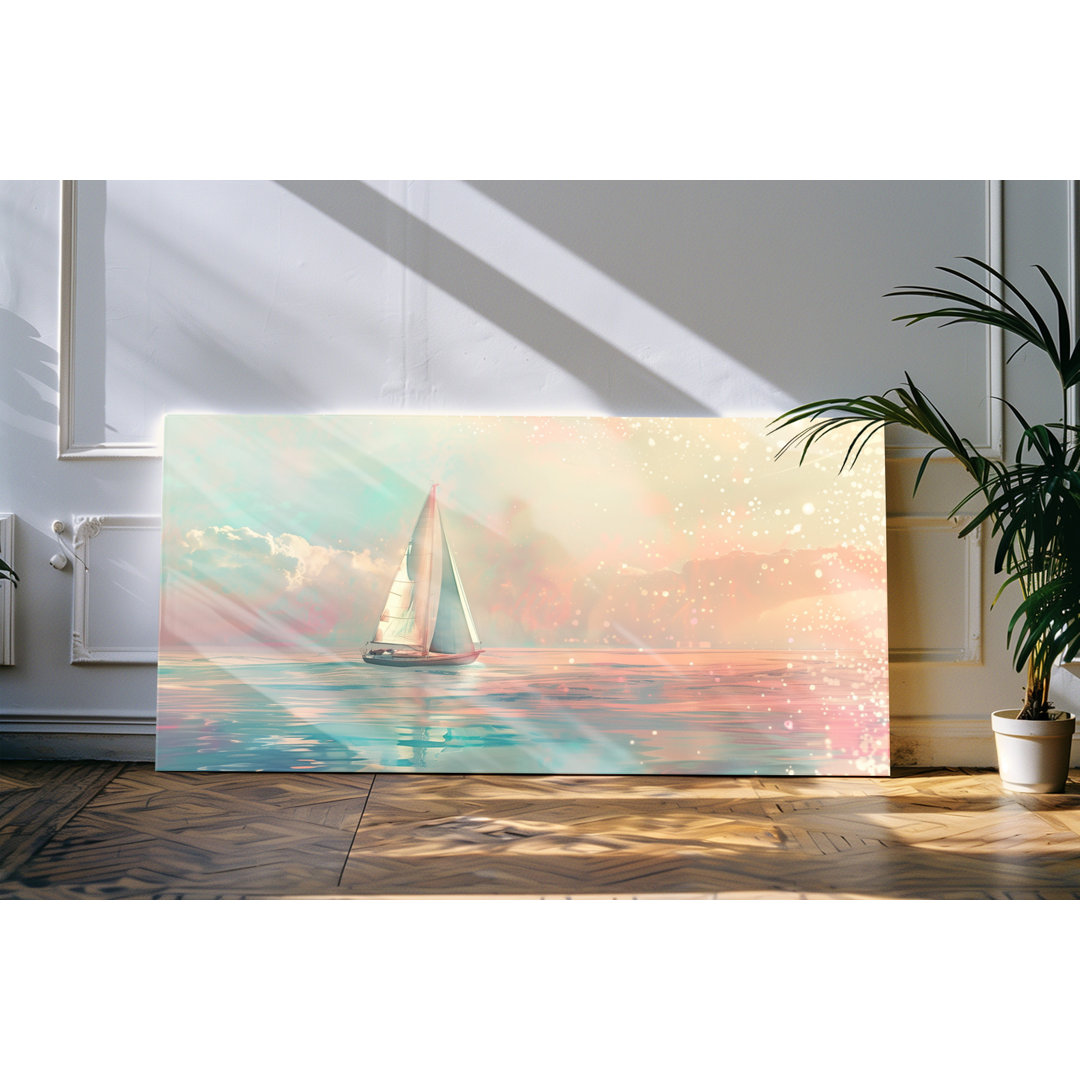 Leinwandbild gerahmt 120x60cm Meer Horizont Segelboot Segeln Sonnenschein Kunstvoll