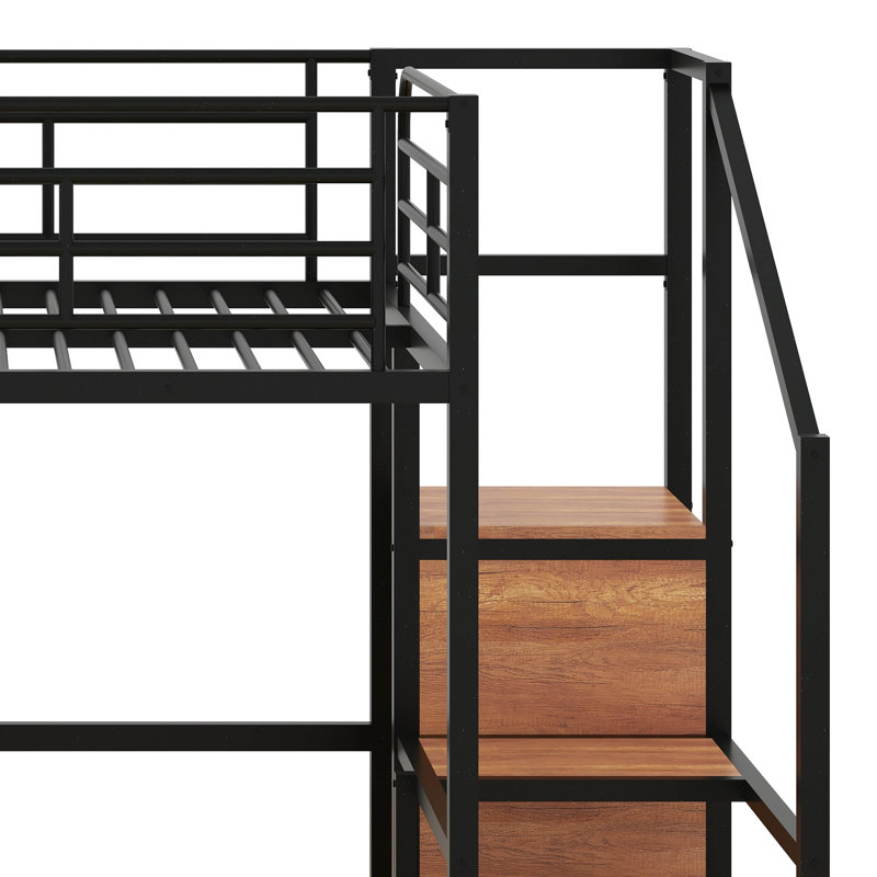 Lit mezzanine double en métal avec bureau et grille, cadre de lit élégant avec échelle de rangement latérale et garde-robe, pour enfants adolescents