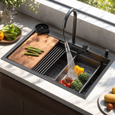 Kitchen Sink With Faucet, Cutting Board, Roll-Up Rack, Colander And Drain Kit For Workstation Prep
