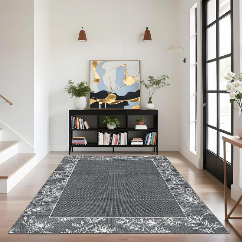 2x6 Washable Modern Bordered Hallway Rug, Non-Slip Low Pile Abstract Floral Runner for Kitchen, Laundry, Entryway, Linen