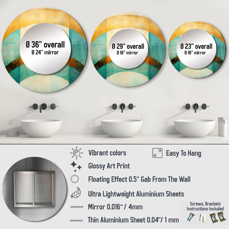 Samed Emerald And Golden Arches III - Abstract Shapes Unique Wall Mirror, Modern Round Mirror, Printed Metal Art, 29" x 29"