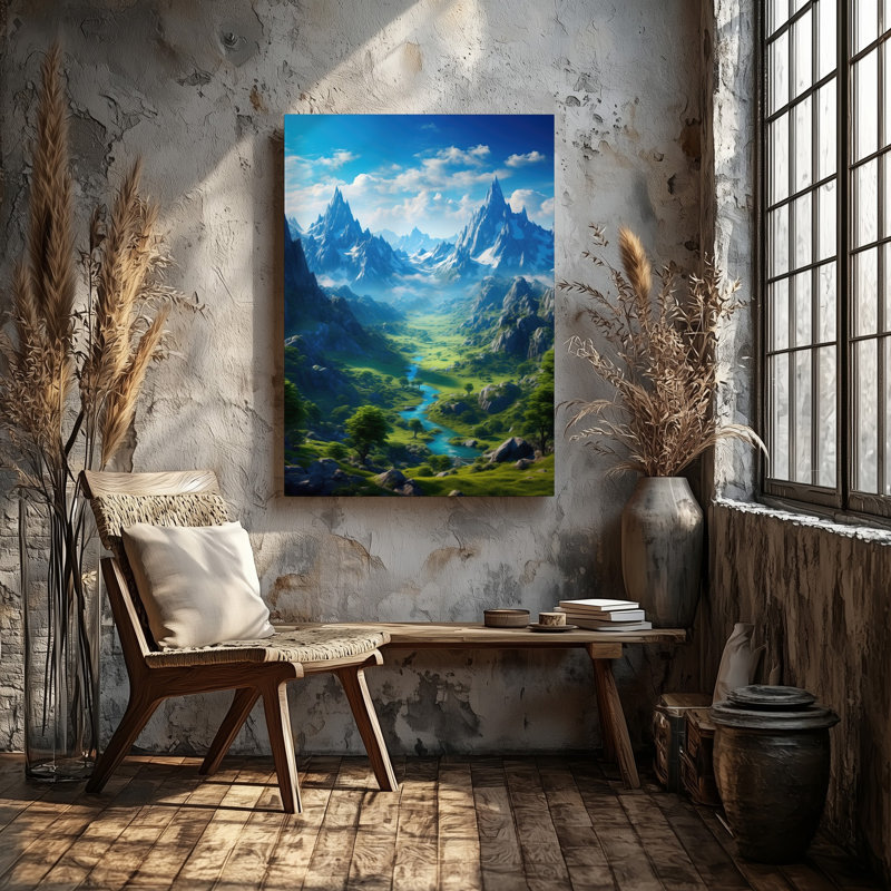 Toile, "Un paysage à couper le souffle avec des montagnes dentelées couronnées de neige couronnées de majestueux contre une toile"