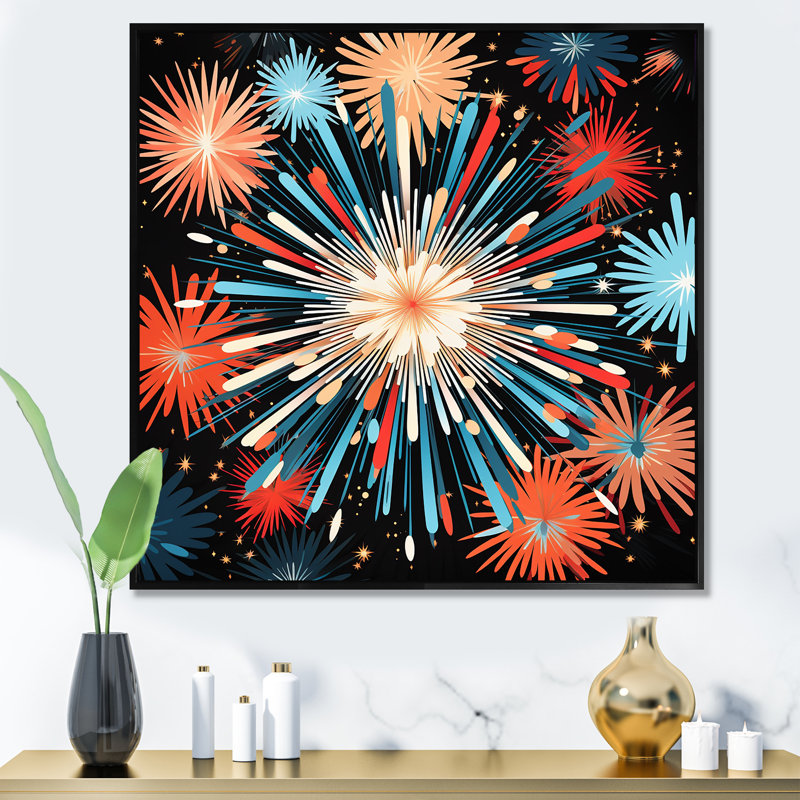 Feux d'artifice bleu et jaune - art mural, Cadre flottant noir, H 30 po x l 30 po x P 1,5 po