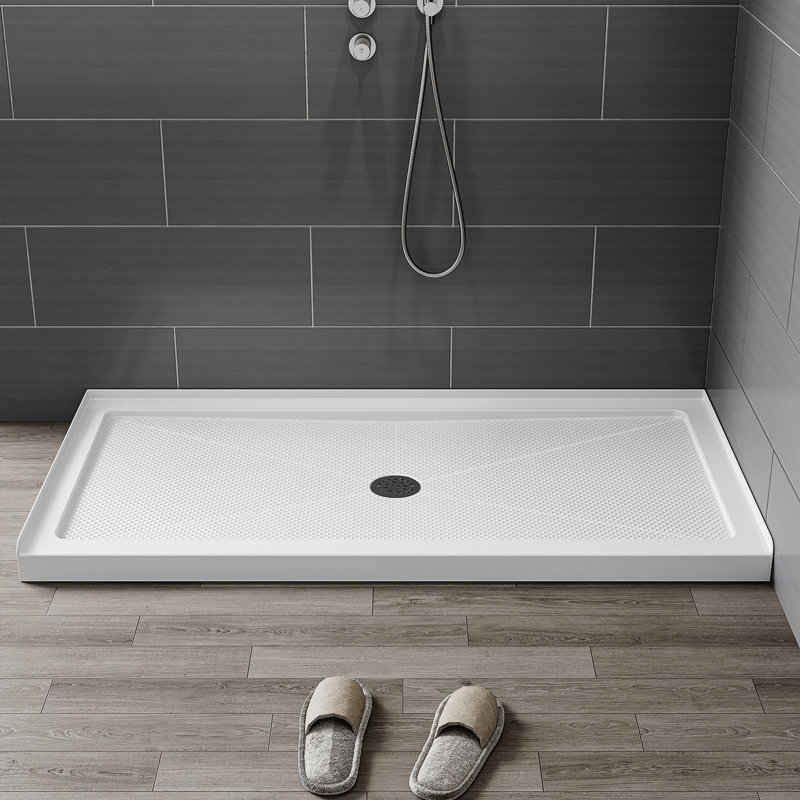 L 60 po x l 30 po, bac de douche en acrylique avec bonde centrale, conception antidérapante; Comprend un ensemble de bonde