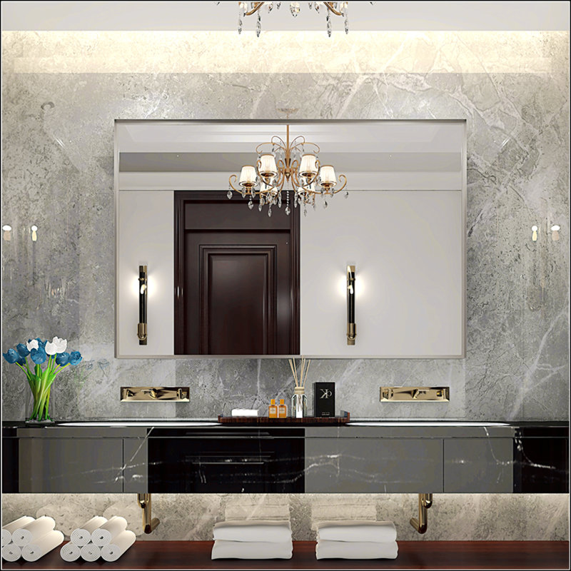 Élégant miroir de salle de bain avec verre flottant et cadre résistant à la rouille, idéal pour les décors modernes et industriels.