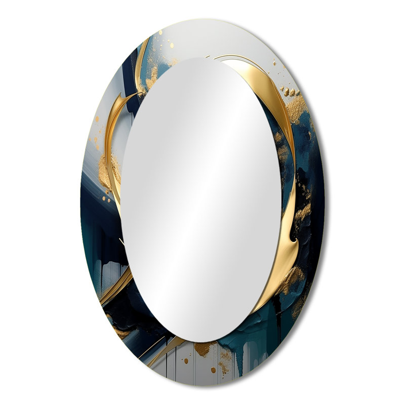 Golden Grey Abstract Fractal Whirls Of Serenity II - Large Oval Wall Mirror On Metal, 36" x 24"