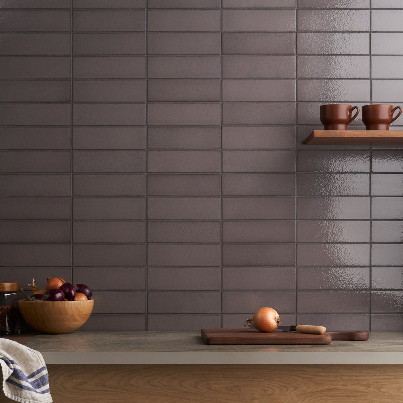 Groovy 2" x 8" Glossy Lava Stone Subway Wall Tile (3.88 Sq. Ft. / Case), Pebble Gray