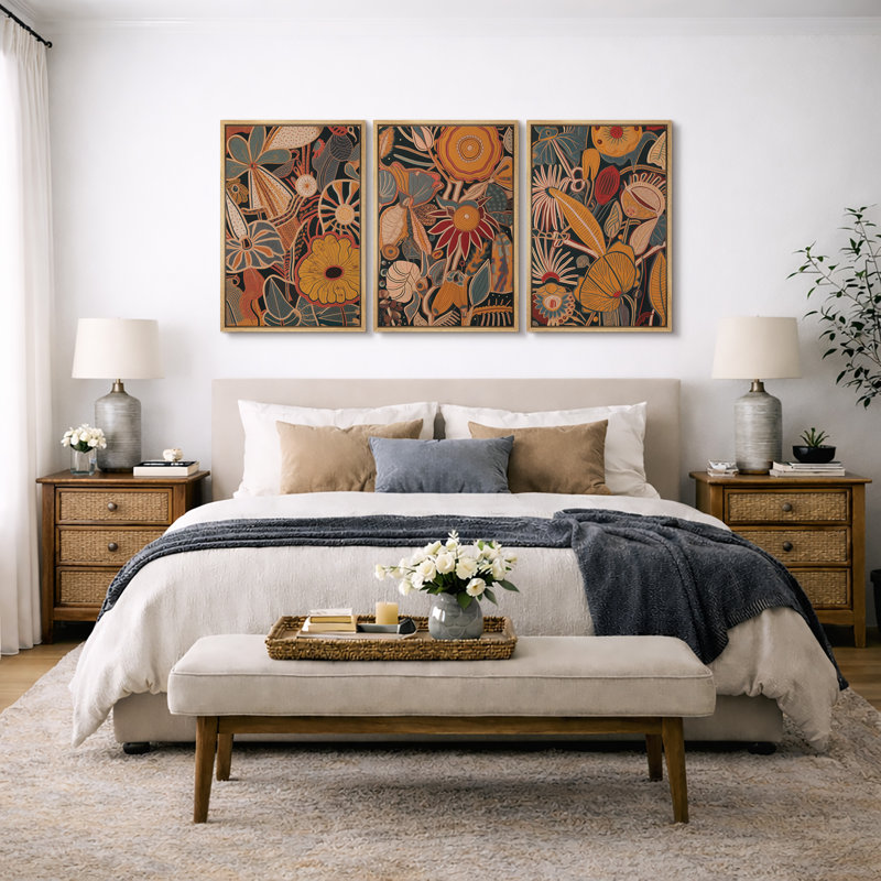 Abstract Botanical "Bohemian Orange Brown Floral Artwork, Unique Vintage Classy Living Room Wall Pictures, Framed Canvas Giclée Print 3 Pieces Wall Art" 16"x24"x3 pcs, 24"x36"x3 pcs, 20"x60"x3 pcs