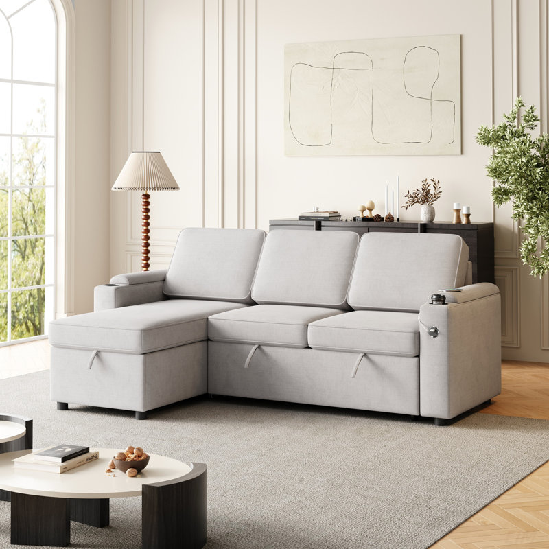Sylvanis Convertible Sleeper Sofa with Reversible Chaise, Light Gray Polyester Blend