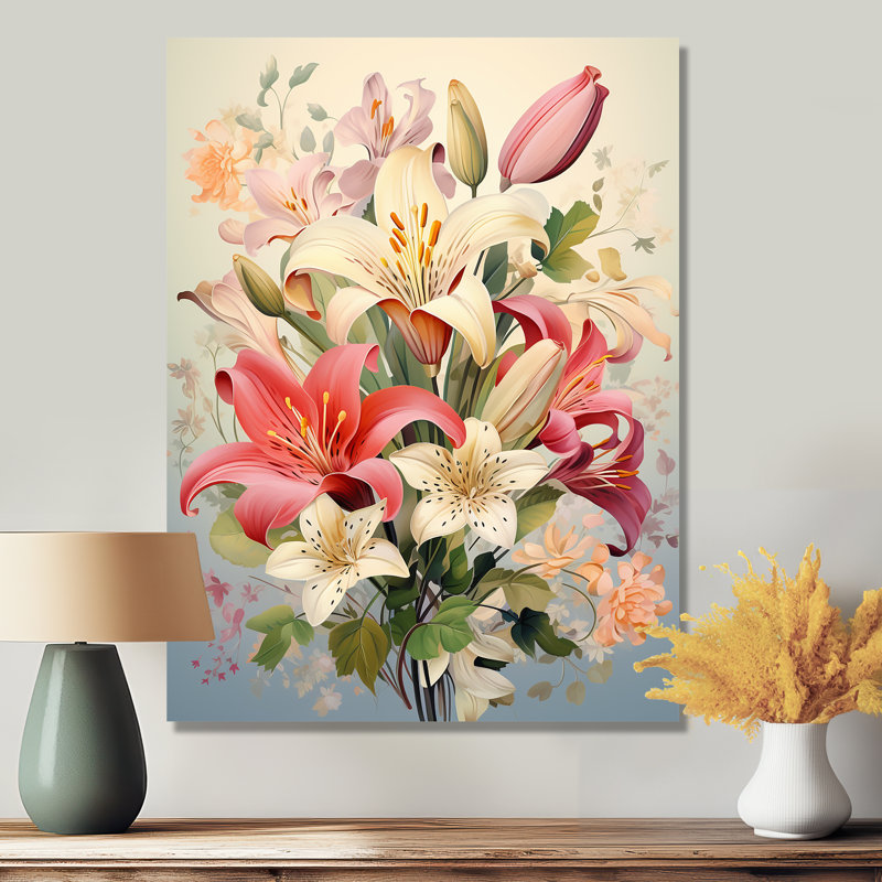 Bouquet de fleurs de lys roses et rouges - art mural Lily, H 32 po x l 24 po, Sans cadre, métal