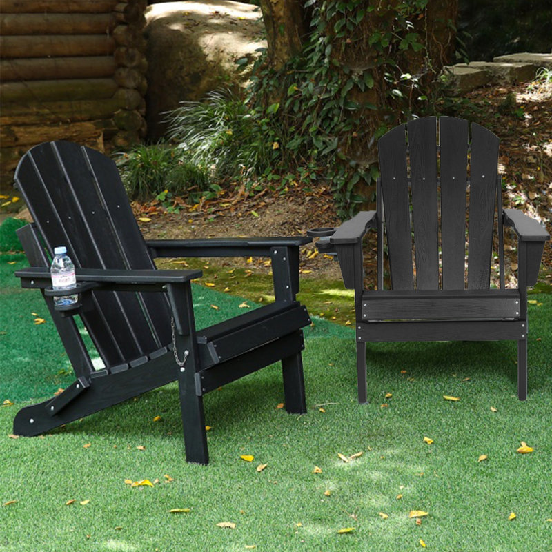 Hdpe Folding Adirondack Chair With Dual Cup Holder, Composite Chair With Wood Texture,easy To Assemble, Black