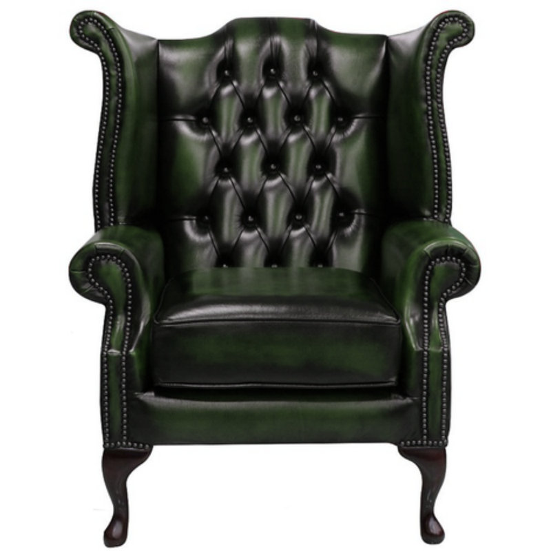 High Back Chesterfield Upholstered Wingback Chair, Antique Green