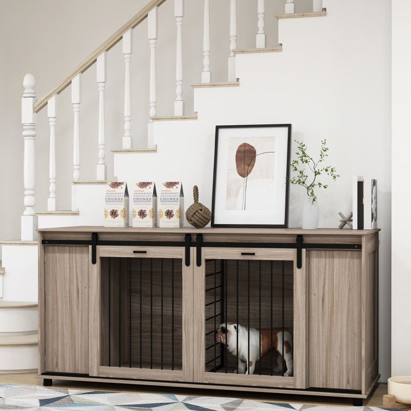 Cage pour chien en noyer de 71 po, avec cloison amovible pour 2 petits chiens / 1 grand chien, meubles de table de bout avec rangement et porte coulissante double