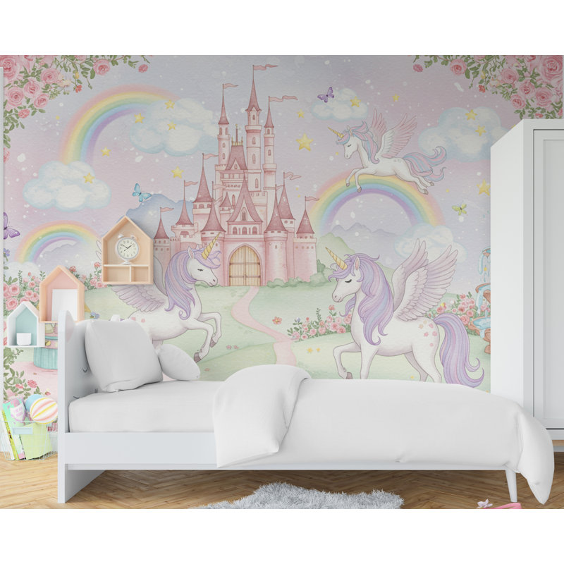 Unicorn Princess Castle, impression murale, papier peint de chambre de fille, adhésif pour chambre de bébé, arc-en-ciel auto-adhésif 619RS (Peel-N-Stick) RS619