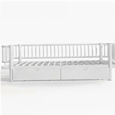 Queen Size Platform Bed with Storage Drawers, Metal Daybed Frame with Upgraded Safety Round-Pipe Design, Low Profile Design, White