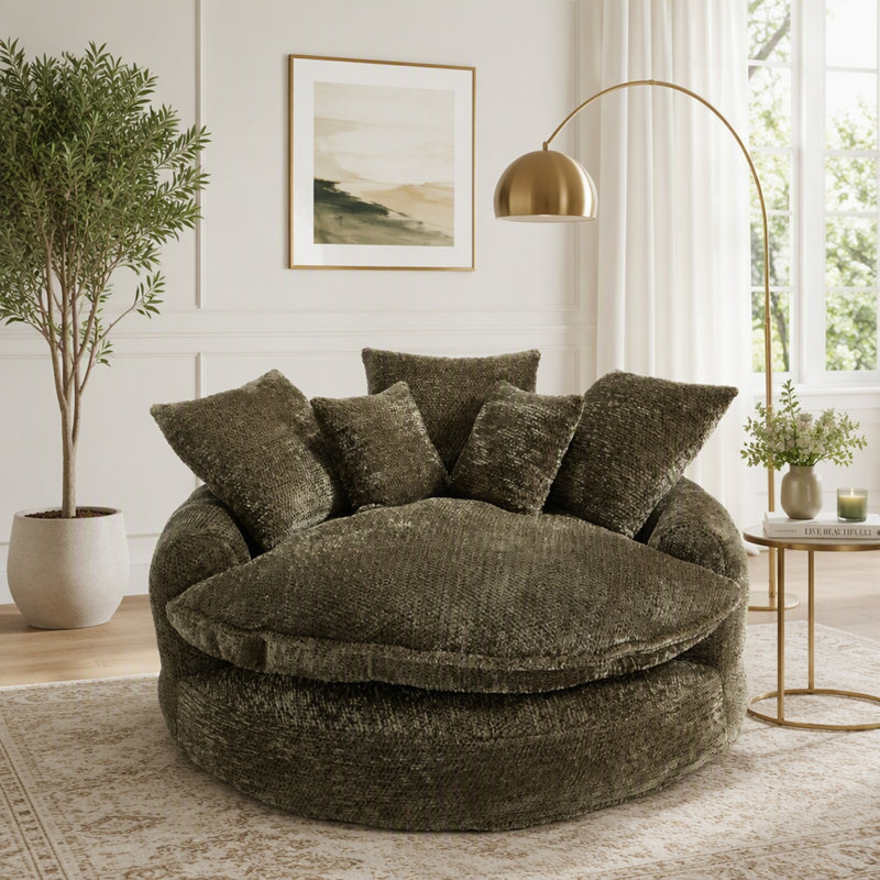 Fauteuil méridienne large avec coussins, Olive Green