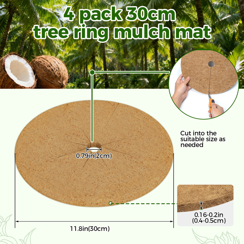 4 anneaux de paillis en fibre de noix de coco 4 pièces, tapis de protection en coco naturel de 30 cm pour les plantes d'intérieur / extérieur et l'aménagement paysager