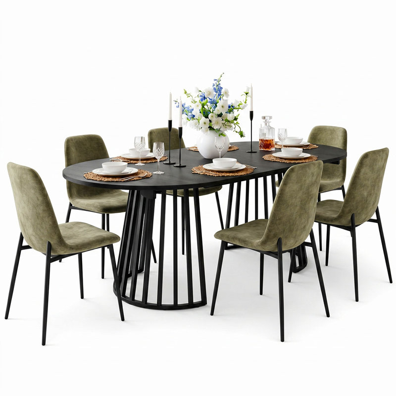 6- Person Dining Table Sets With Extendabe Oval Table & 6 Upholstered Chenille Dining Chairs, Green