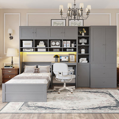 Lit plateforme simple en bois avec bureau, armoire, armoires, tiroirs et tablettes