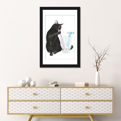 " Black Cat Brushing Teeth " Painting Print