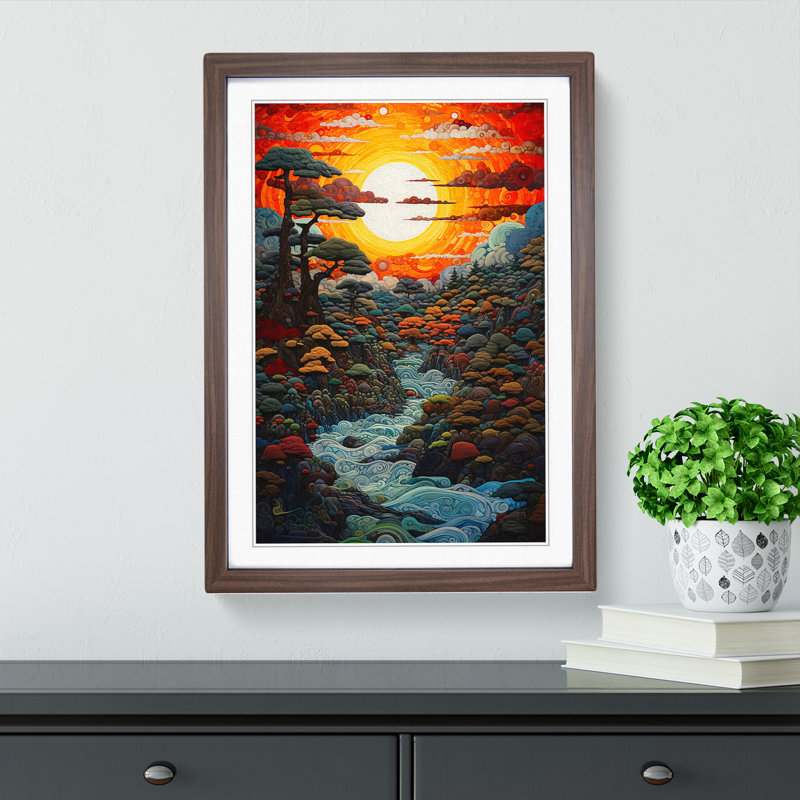Japanese Sunset Expressionism No.2 - Single Picture Frame Print on Wood, 64cm H x 46cm W x 2cm D, Walnut