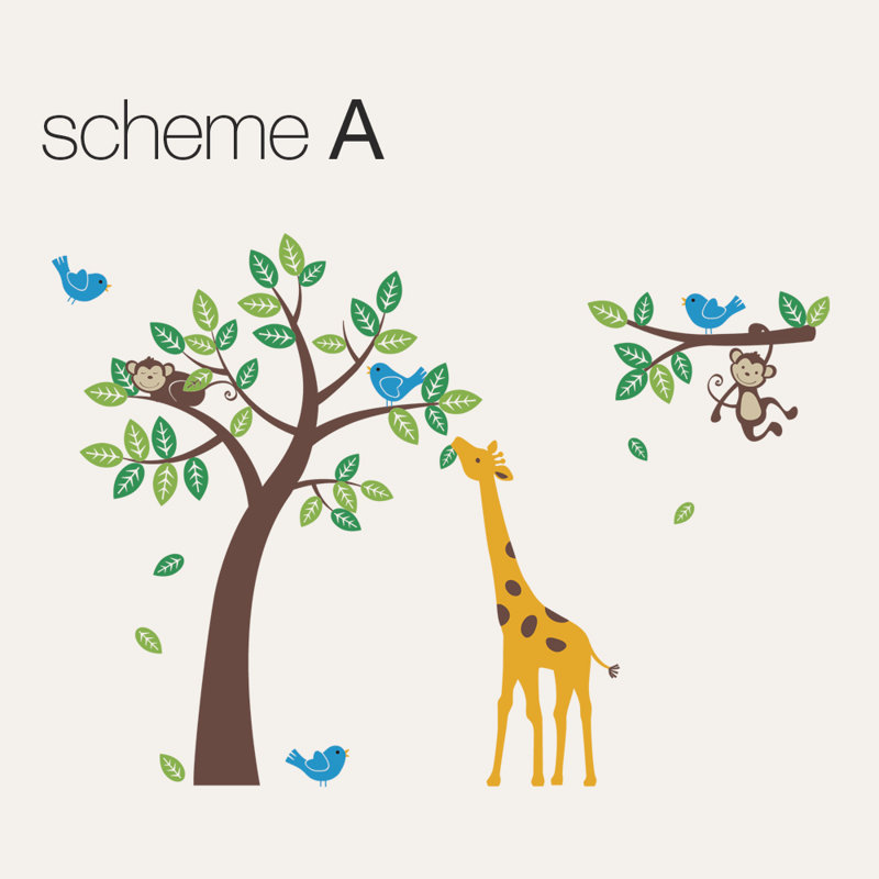 Décalcomanie murale arbre avec singe, giraffe et oiseaux, Bleu / Vert