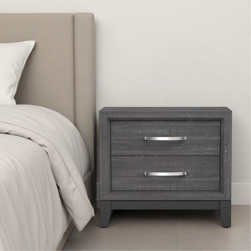 Erica Bedside Nightstand, 2 Drawers Chrome Bar Handles, Gray Wood, Gray