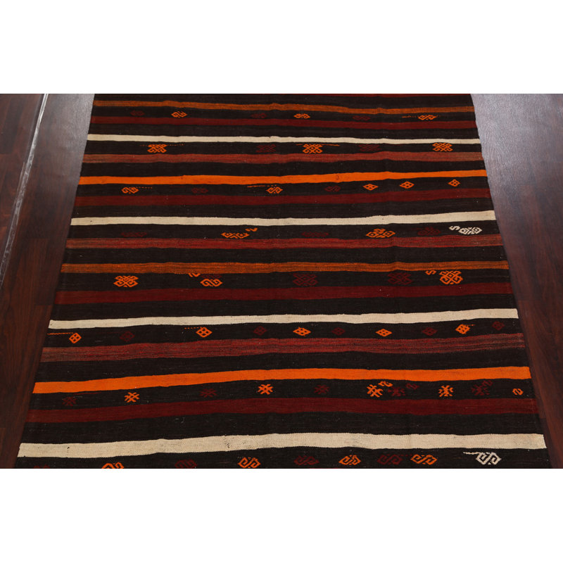 Tapis noir / orange / rouge en laine fabriqué à la main Annedörte Kilim