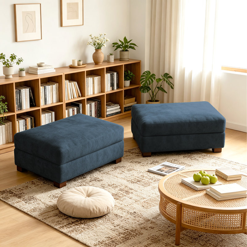 Upholstered Blue Chenille Rectangle Ottoman, Modular Part For Sectional Sofa, Blue