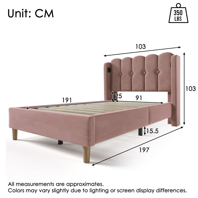 Velvet Grille-Panel Bed With Charging Station, Red, Single (3')