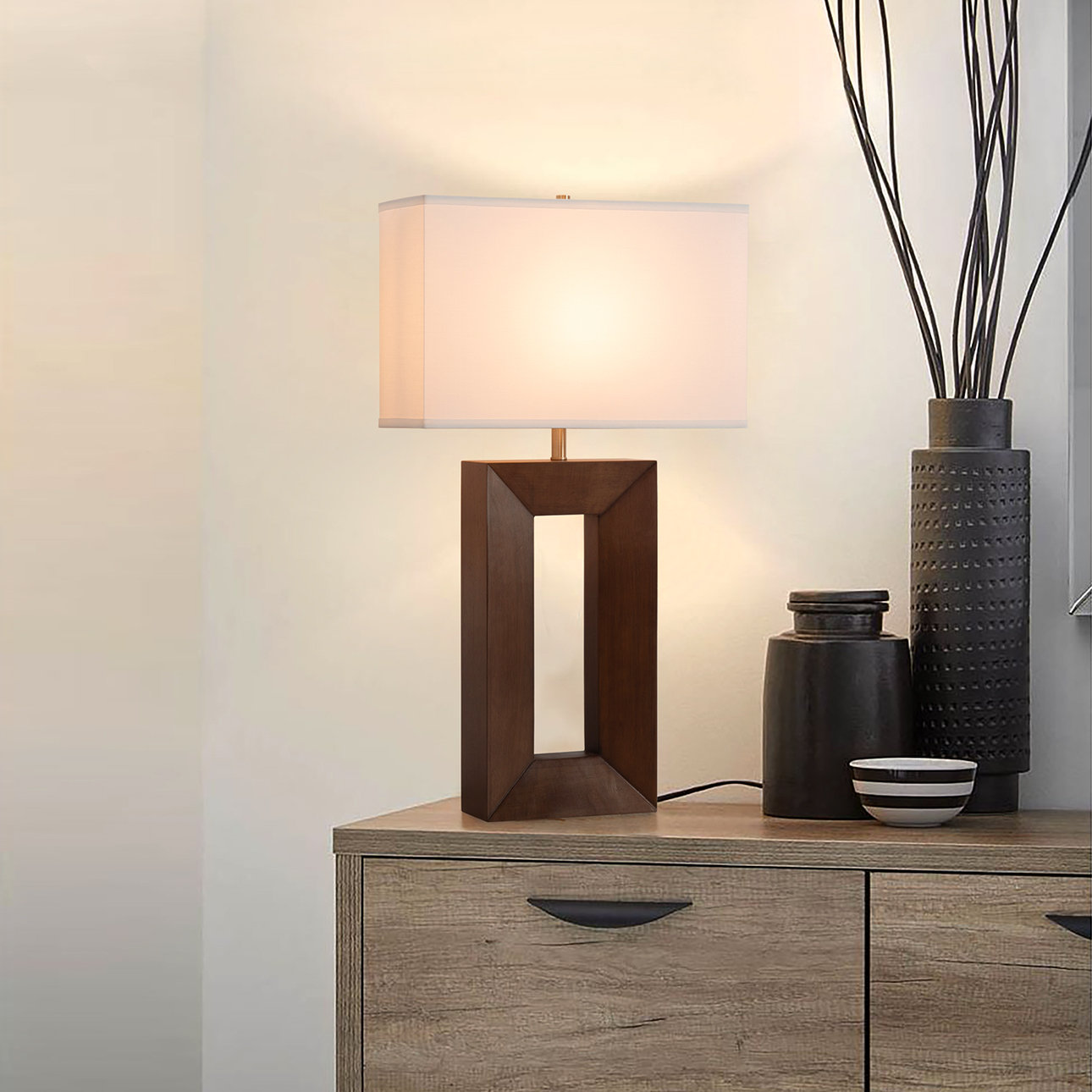 Julie Linen Table Lamp, Dark Walnut