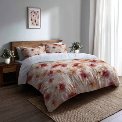 Country Farmhouse Bedding Set Of 3 Pcs - Floral Cream Whisper Duvet Cover And Throw Pillow Set