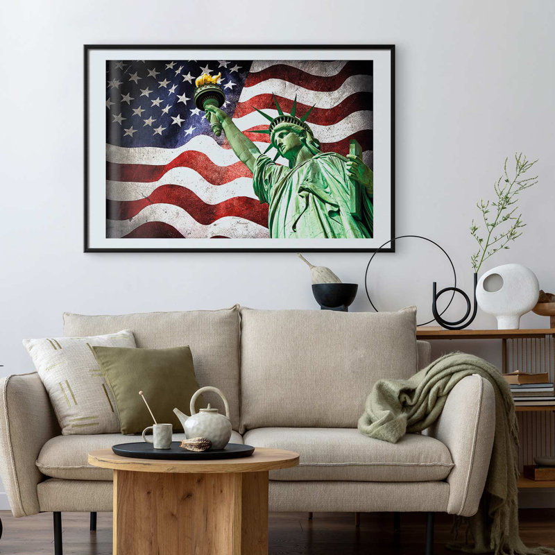Framed Poster - Statue and flag, 11.69" H x 16.54" W, Black Single Picture Framed