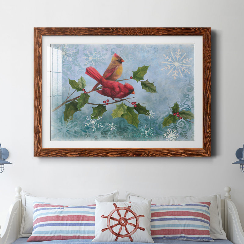 Winter Cardinal Duet I - Reproduction de cadre photo sur papier, H 31 po x l 44 po x P 1 po, Papier avec cadre érable