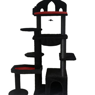 Arbre à chat avec esthétique sombre, lit confortable et poteaux à griffer de ficelle de style noir, aspect soigné