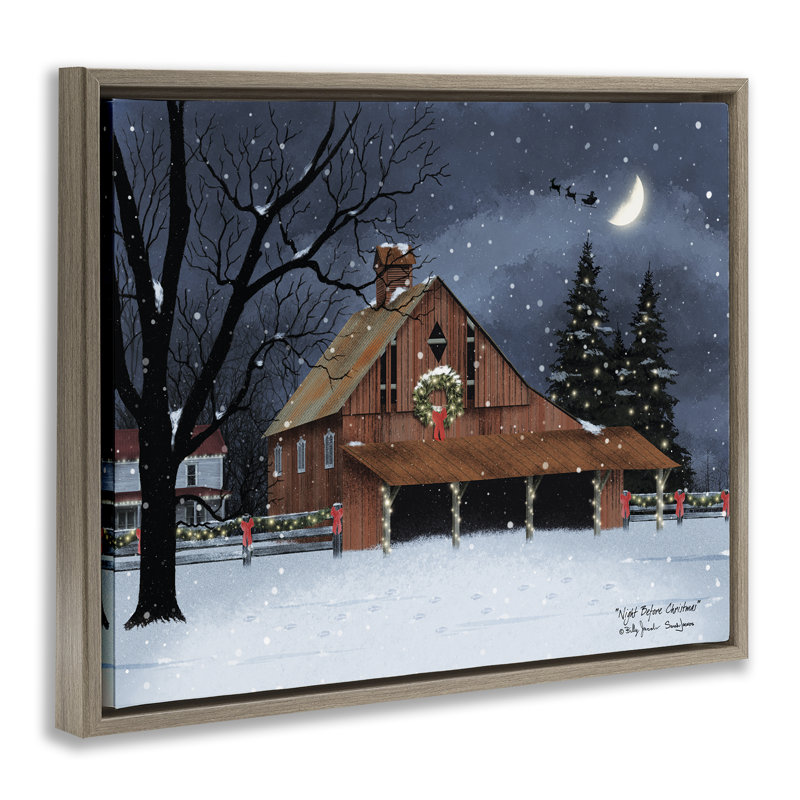 «Night Before Christmas Barn» par Billy Jacobs, H 17 po x l 21 po, Cadre flottant orme Montalcino