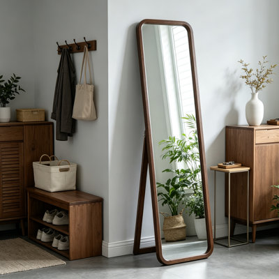 Solid beech wood full‑length floor mirror, walnut finish 2‑in‑1 freestanding & wall‑mount body mirror for bedroom dressing room entry decor