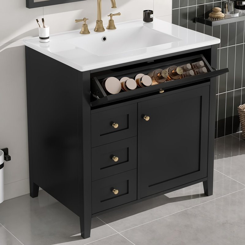 Meuble-lavabo avec lavabo, 3 tiroirs et tablette réglable, Noir/or