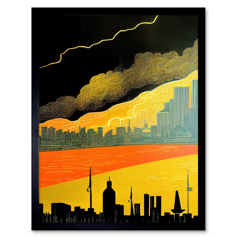 Linocut London Skyline City Storm Lightning - Single Picture Frame Print