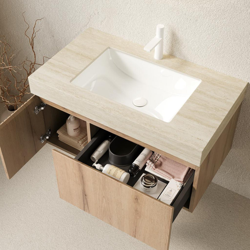 Valenza Modern Bathroom Vanity with Travertine-Pattern Sintered Stone Countertop and Ceramic Basin, White Oak