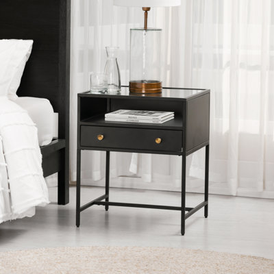 Walee 1-Drawer Iron Nightstand with Glass Top