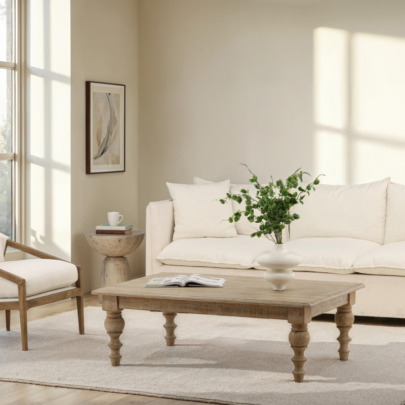 Merak 54-Inch Rectangular Reclaimed Pine Coffee Table With Carved Four Poster Legs Finished In An Antique Seal