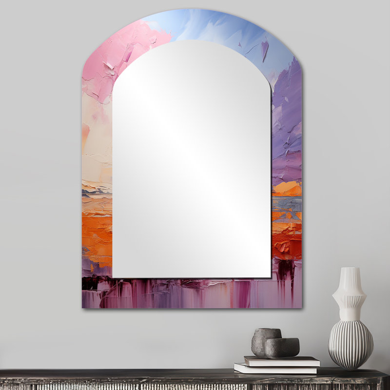 Blush Horizon II - grand miroir en forme d'arche, décor de miroir mural asymétrique moderne, impression d'art en métal