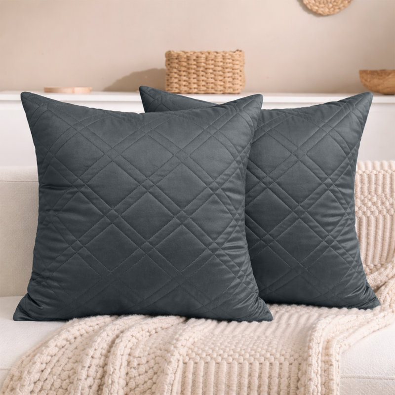 Aspire Homeware Diamond-Pattern Square Velvet Cushion Cover, Charcoal, Pack of 2