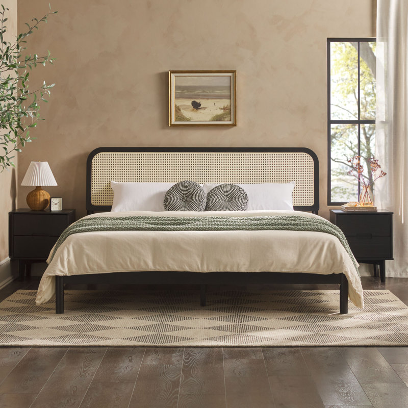 Boho Curved Rattan Headboard King Bed, Black