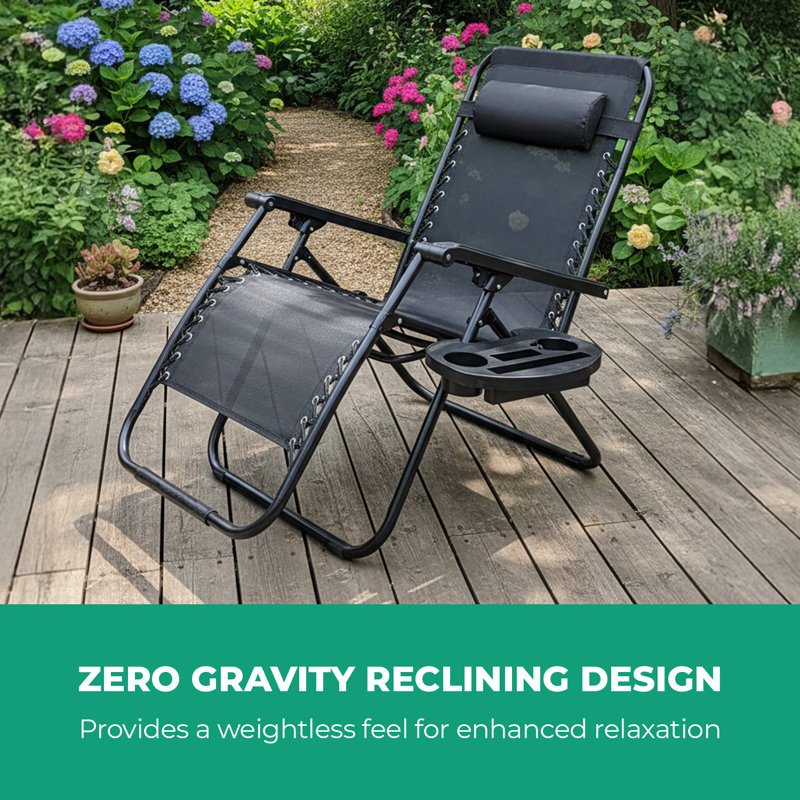ROYALFORD Zero Gravity Chair | Folding Reclining Garden Chair with Cup Holder, Phone Tray & Adjustable Headrest | Breathable Textilene Fabric Steel Frame Outdoor Patio Sun Lounger Support 120kg