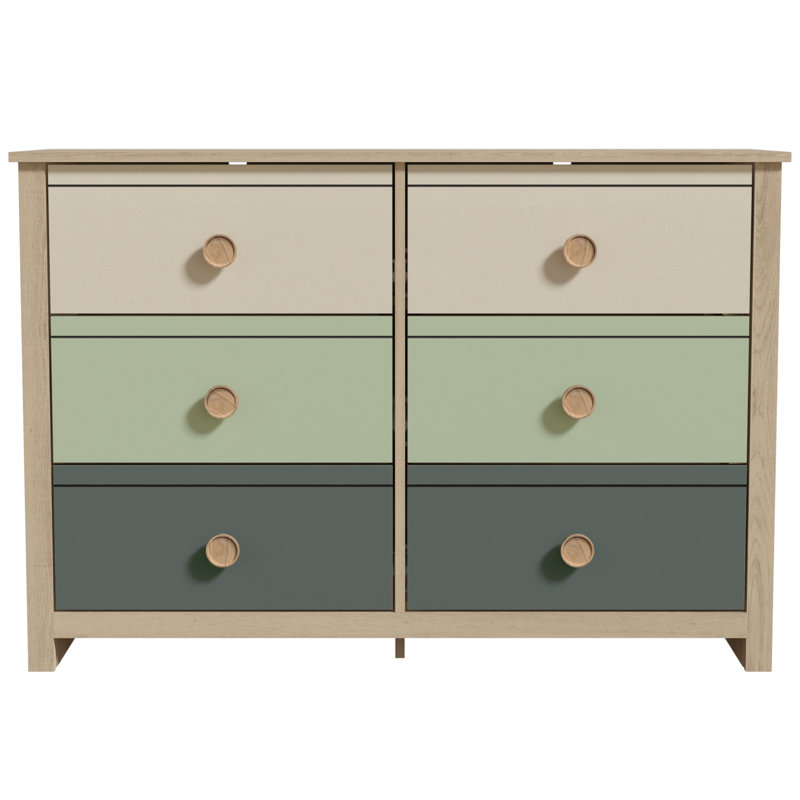 Commode 6 tiroirs Bustillo, Chêne Oslo / parchemin / vert sauge / vert chou f