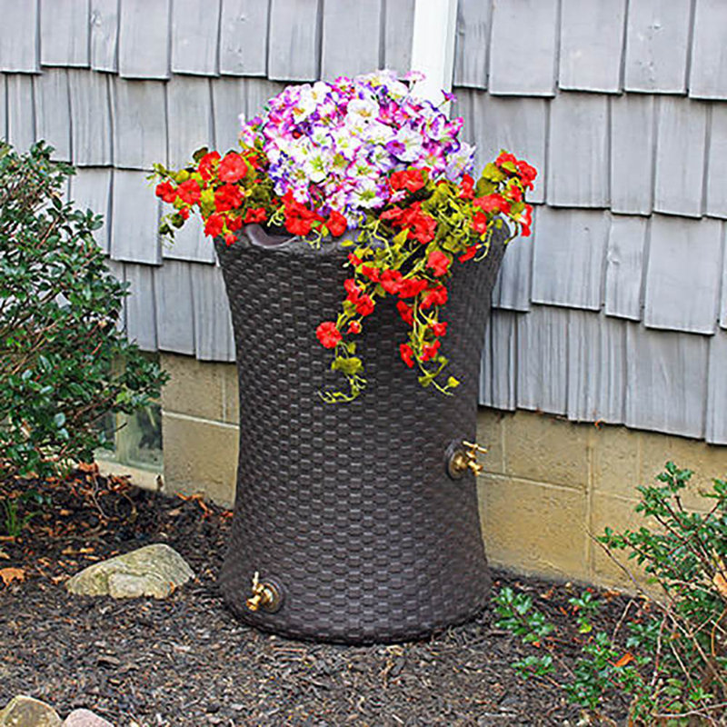 Dark Brown Wicker 50-Gallon Dual Spigot Rain Barrel Planter