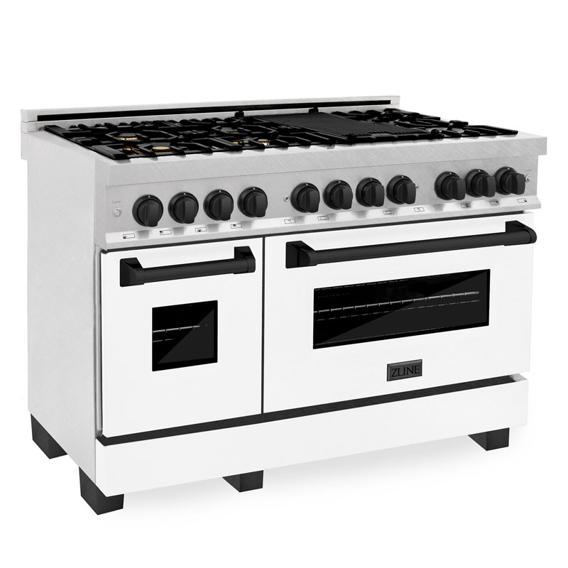 ZLINE Autograph 48" Legacy Dual Fuel Range in DuraSnow®, Matte Black Satin Stainless Steel with White