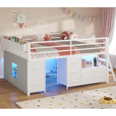 Low Loft Bed Twin Size With 7 Storage Drawers, Bookcase And Led Lights, 14" H Safety Guardrail,inclined Ladder And Play Curtain